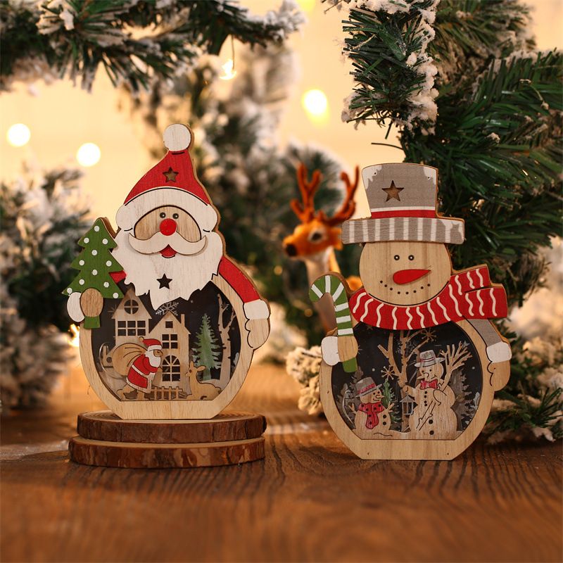 Christmas decorations LED light Santa Claus style wooden Christmas ornaments Hotel window decoration old man + snowman Other A+B