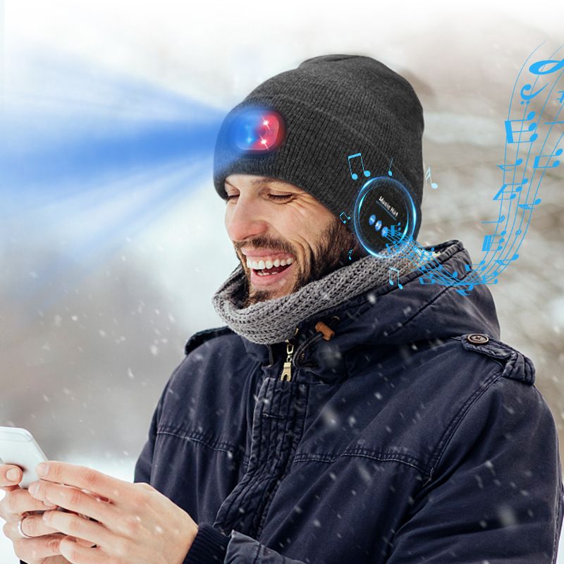 [White] Wireless Bluetooth music knitted hat Outdoor led lighting luminous hat Bluetooth 5.0 three-speed light USB charging removable and washable  M1-BL10