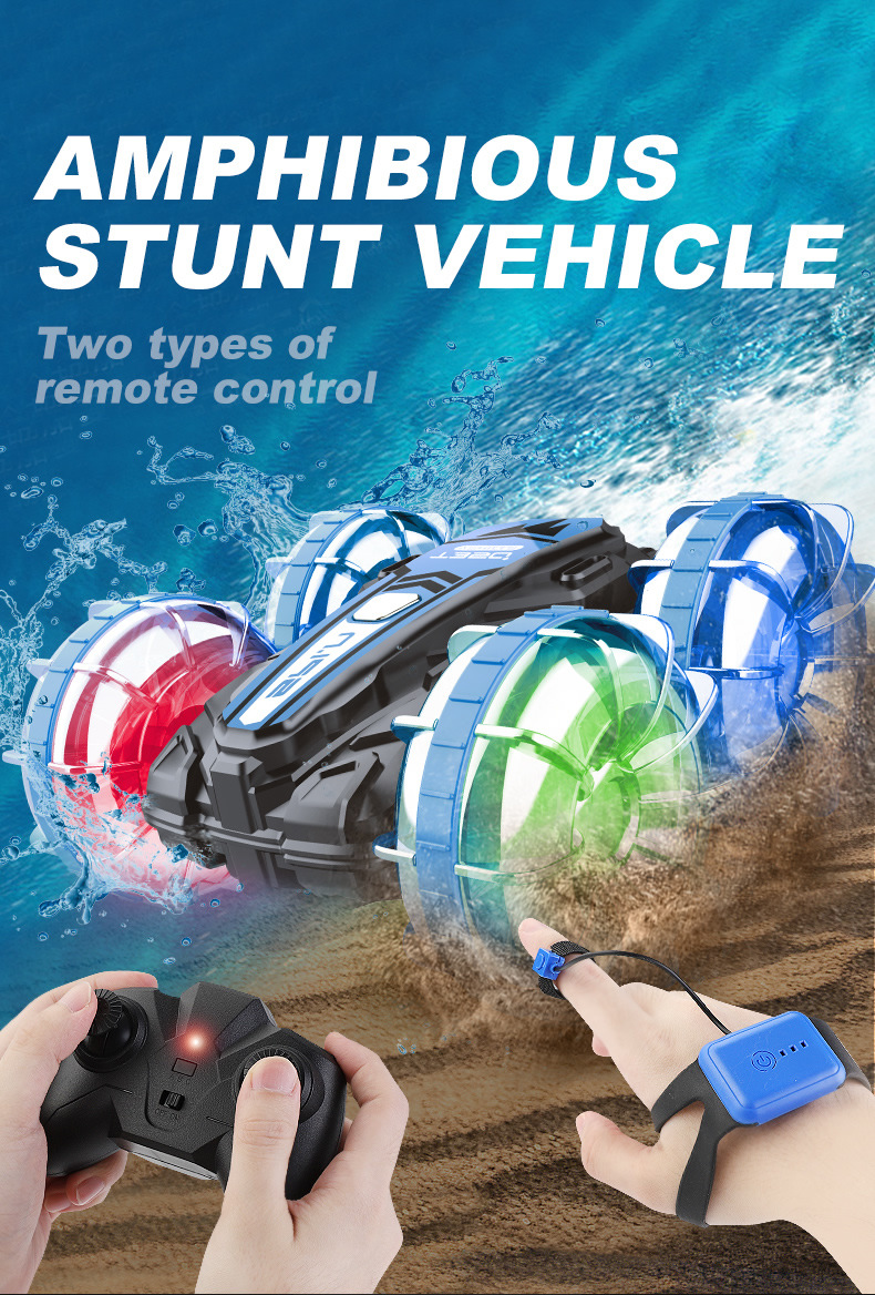 [Blue] Two-sided luminous amphibious vehicle stunt remote control amphibious tumbling rotary remote control stunt vehicle beach  1203J