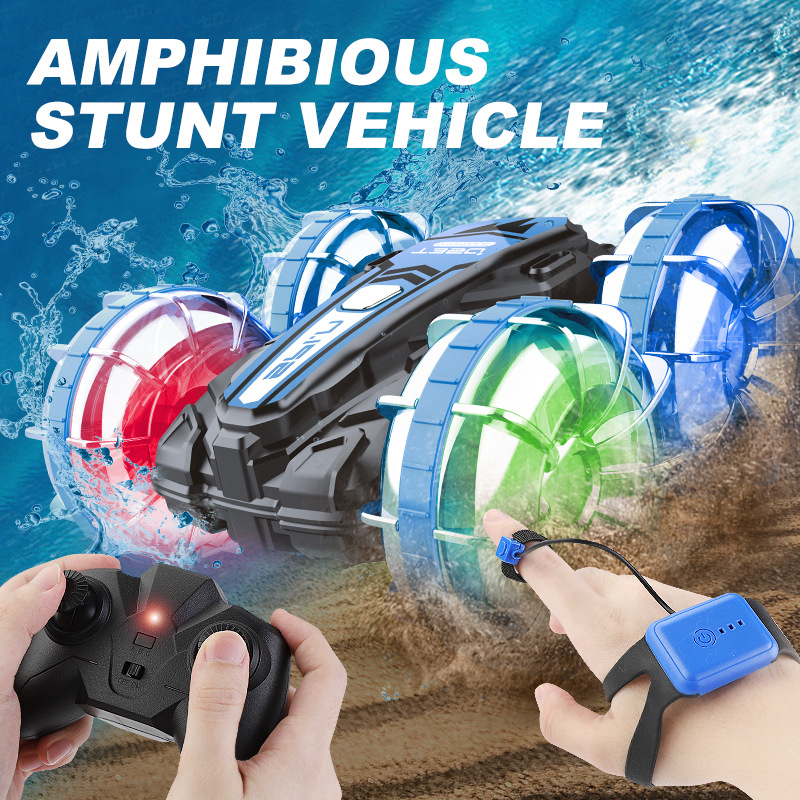 [Blue] Double side stunt remote control amphibious tumbling rotary remote control stunt Amphibious beach toy 1:16 toy car  1203J