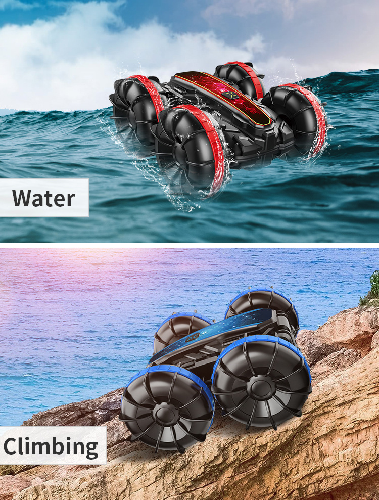 [Blue] Double side stunt remote control amphibious tumbling rotary remote control stunt Amphibious beach toy 1:16 toy car  1203J