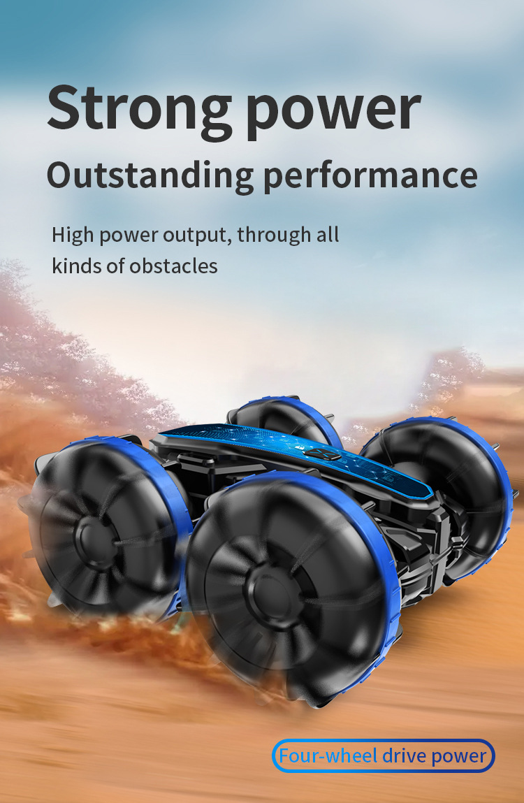 [Blue] Double side stunt remote control amphibious tumbling rotary remote control stunt Amphibious beach toy 1:16 toy car  1203J