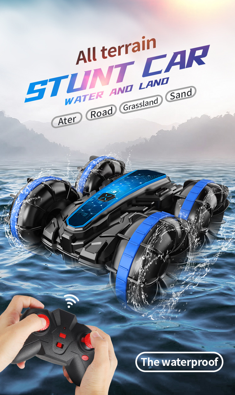 [Green] Double side stunt remote control amphibious tumbling rotary remote control stunt Amphibious beach toy 1:16 toy car  1203J