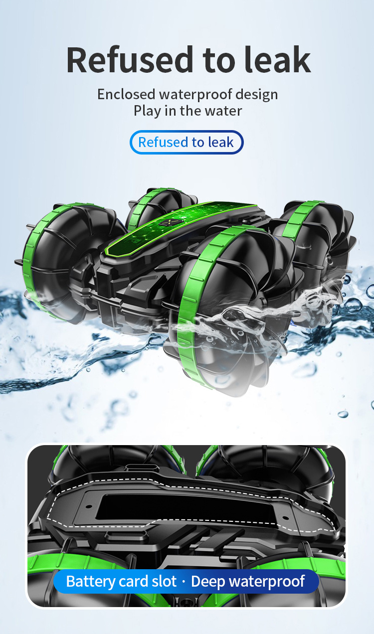 [Green] Double side stunt remote control amphibious tumbling rotary remote control stunt Amphibious beach toy 1:16 toy car  1203J