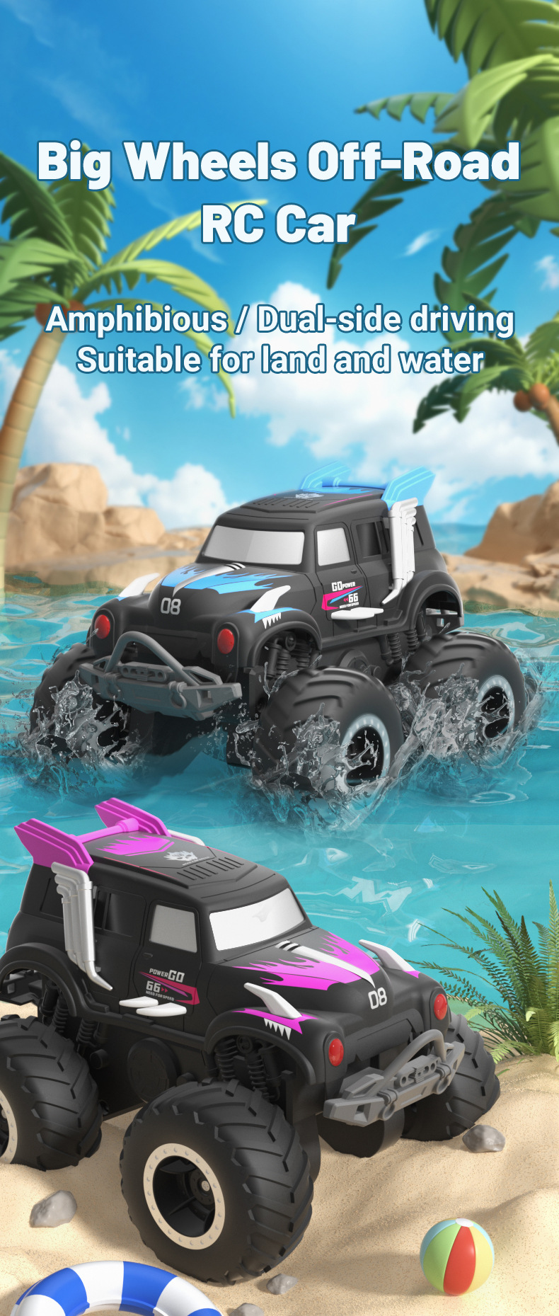 [Blue] Amphibious four-wheel drive big foot climbing remote control car two-sided driving children