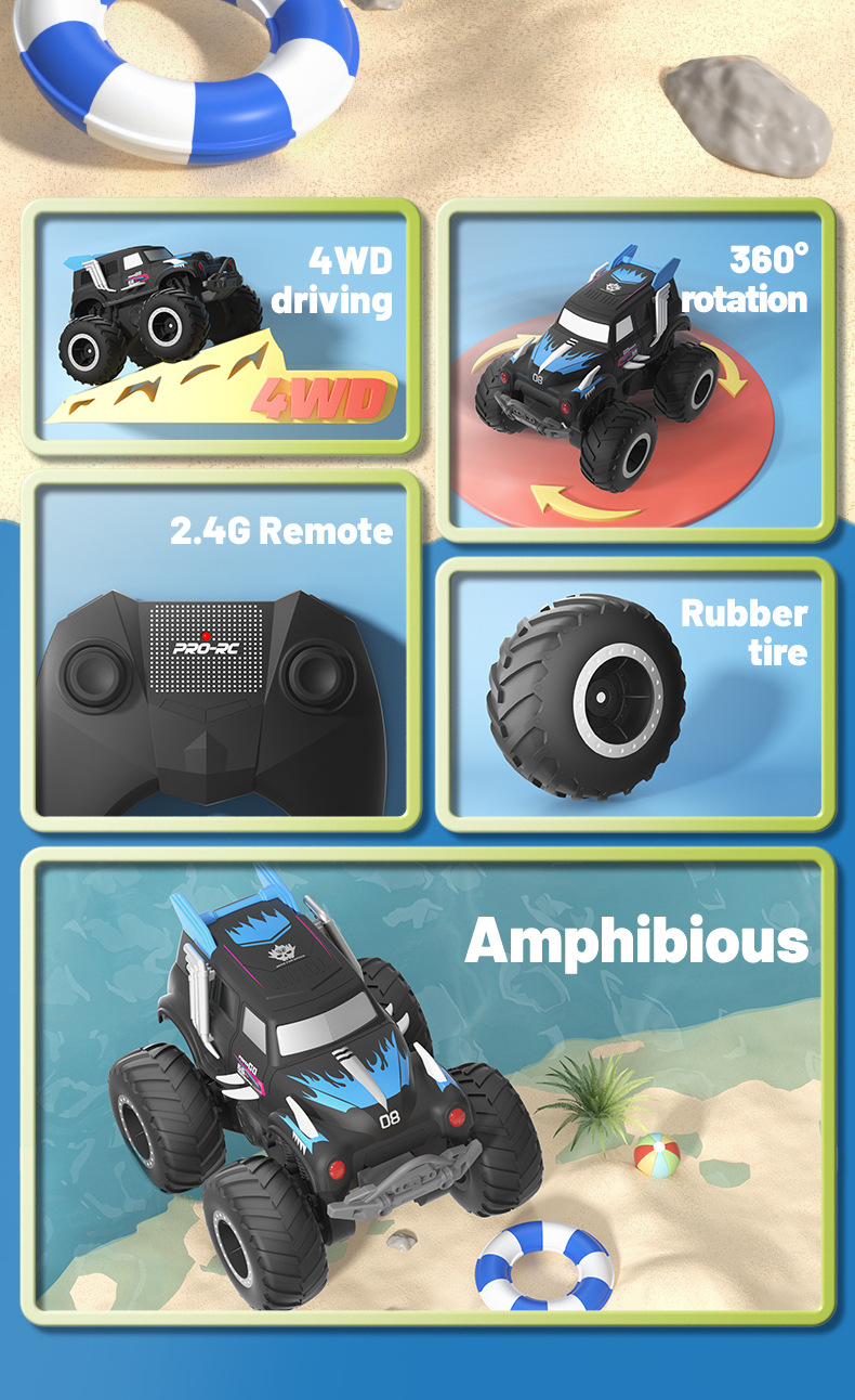 [Blue] Amphibious four-wheel drive big foot climbing remote control car two-sided driving children