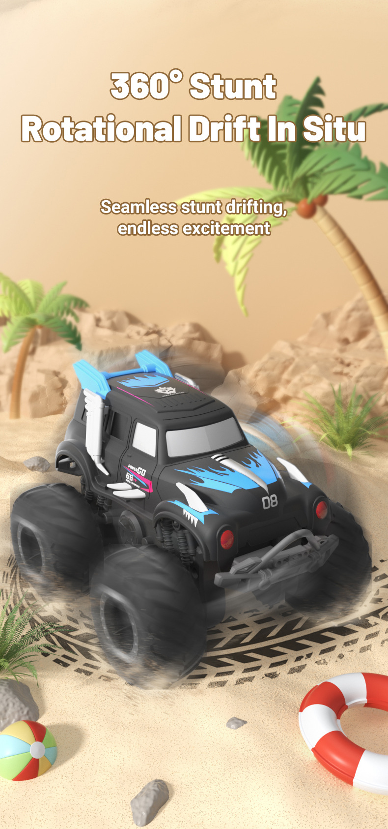 [Blue] Amphibious four-wheel drive big foot climbing remote control car two-sided driving children