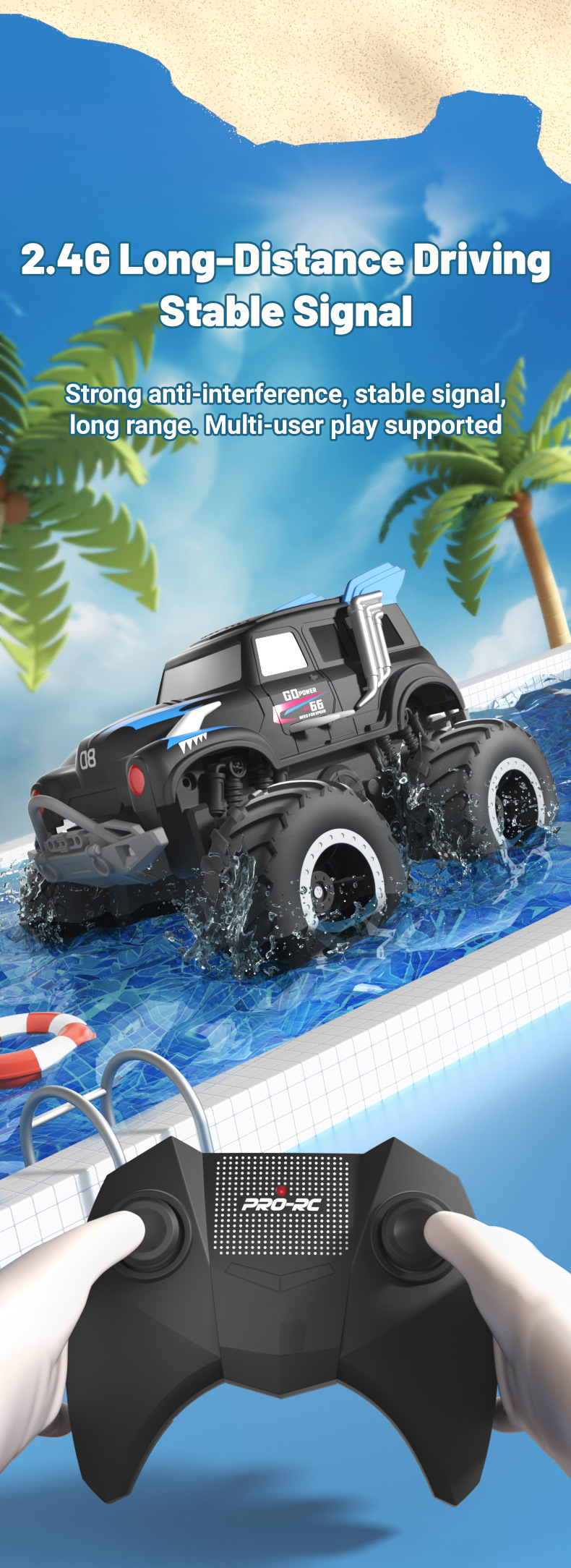 [Blue] Amphibious four-wheel drive big foot climbing remote control car two-sided driving children