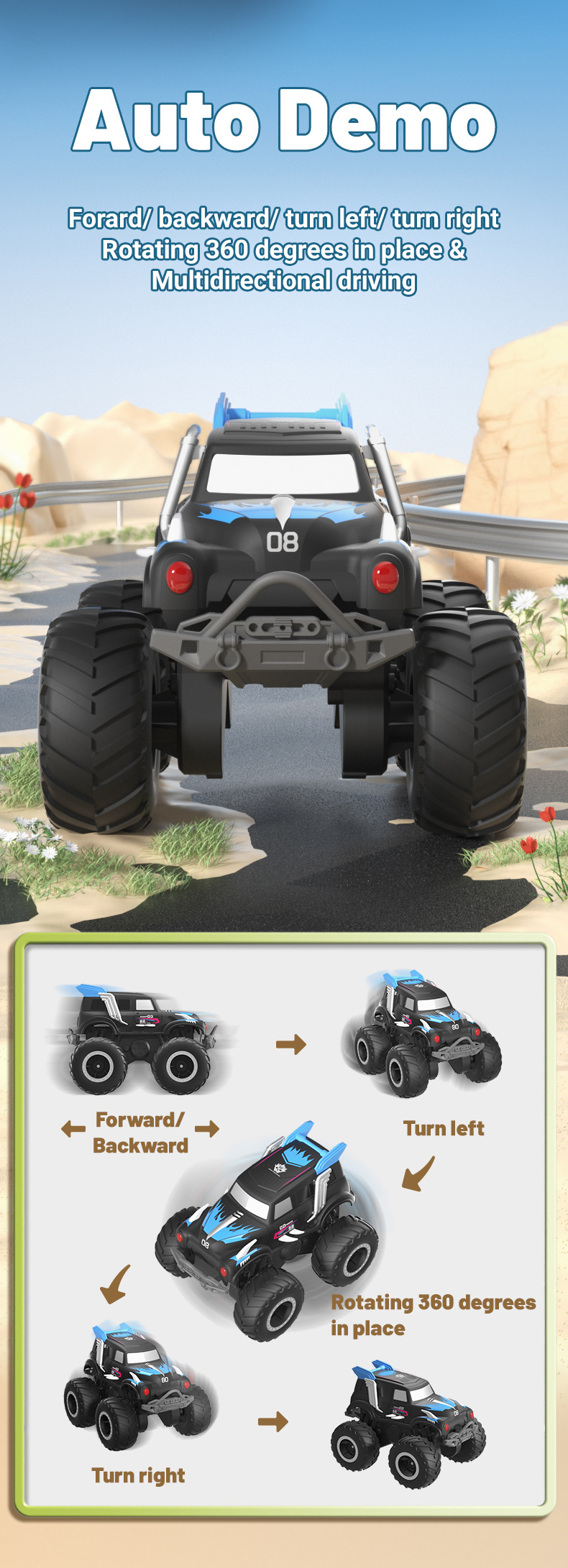 [Blue] Amphibious four-wheel drive big foot climbing remote control car two-sided driving children