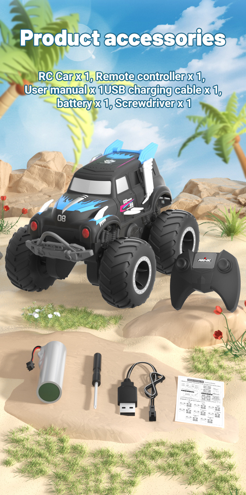 [Blue] Amphibious four-wheel drive big foot climbing remote control car two-sided driving children