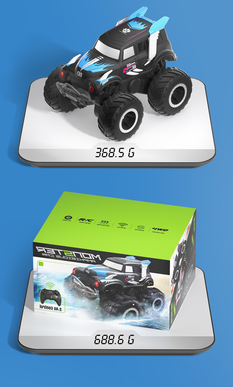 [Blue] Amphibious four-wheel drive big foot climbing remote control car two-sided driving children