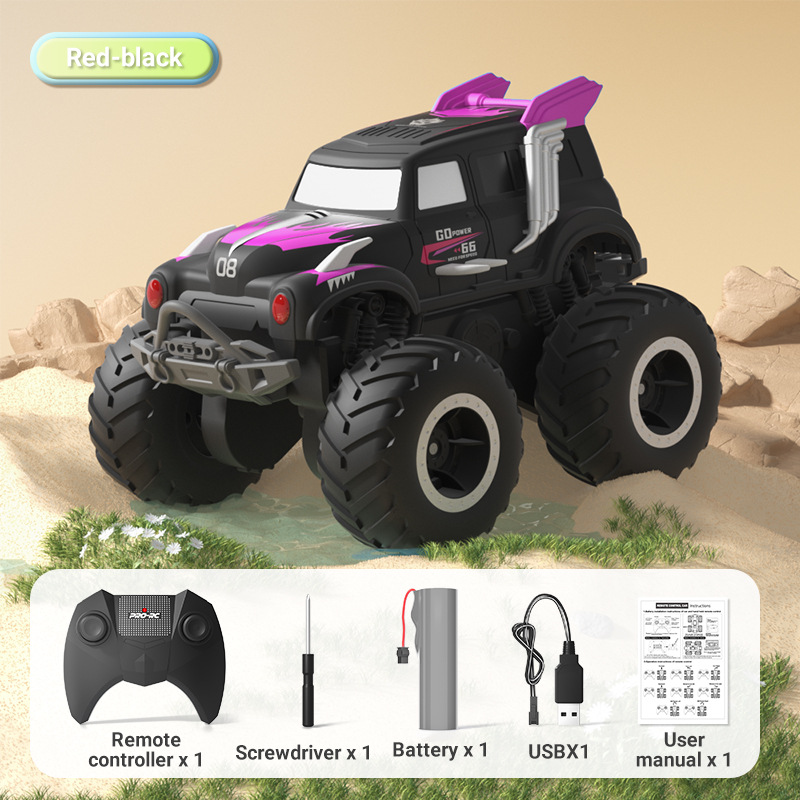 [Pink] Amphibious four-wheel drive big foot climbing remote control car two-sided driving children