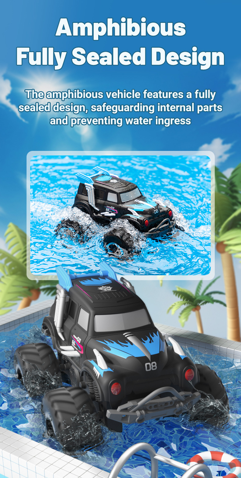 [Pink] Amphibious four-wheel drive big foot climbing remote control car two-sided driving children