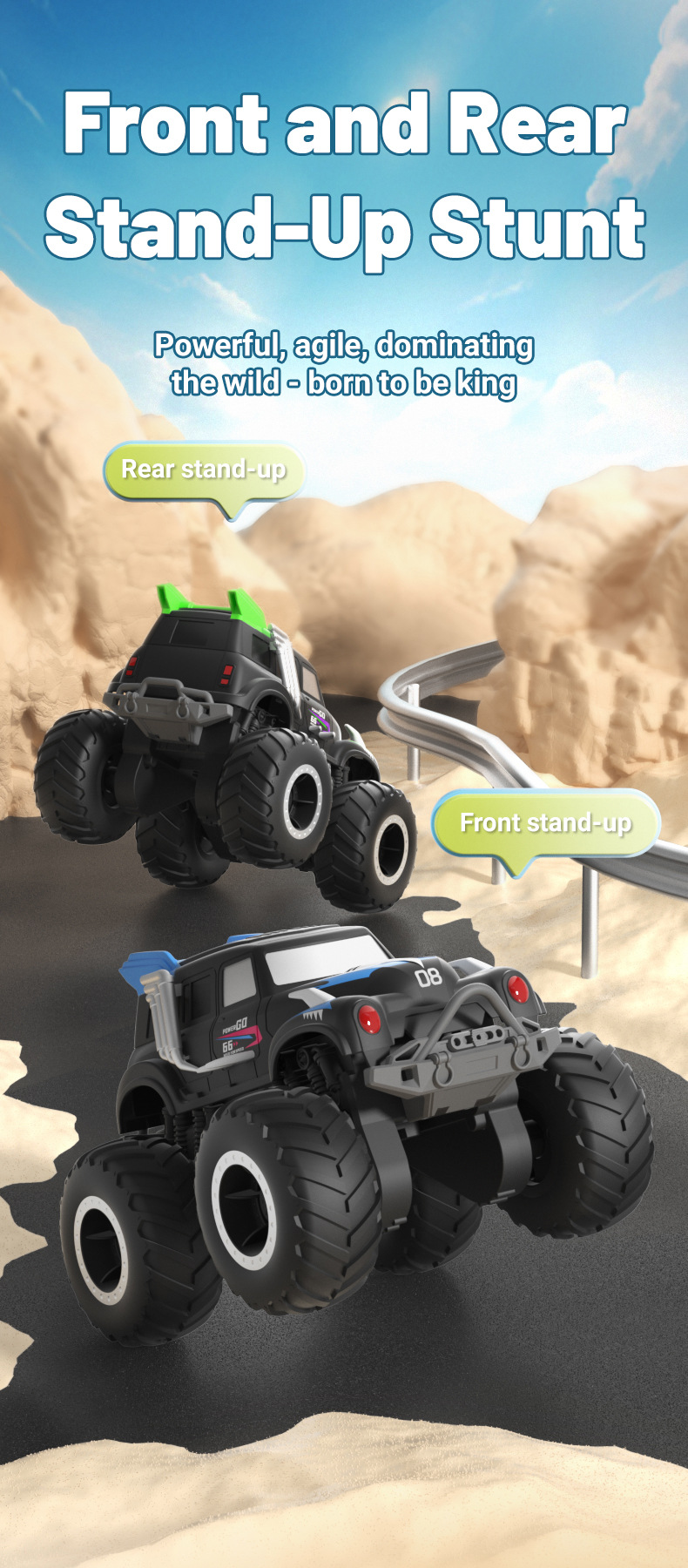 [Pink] Amphibious four-wheel drive big foot climbing remote control car two-sided driving children