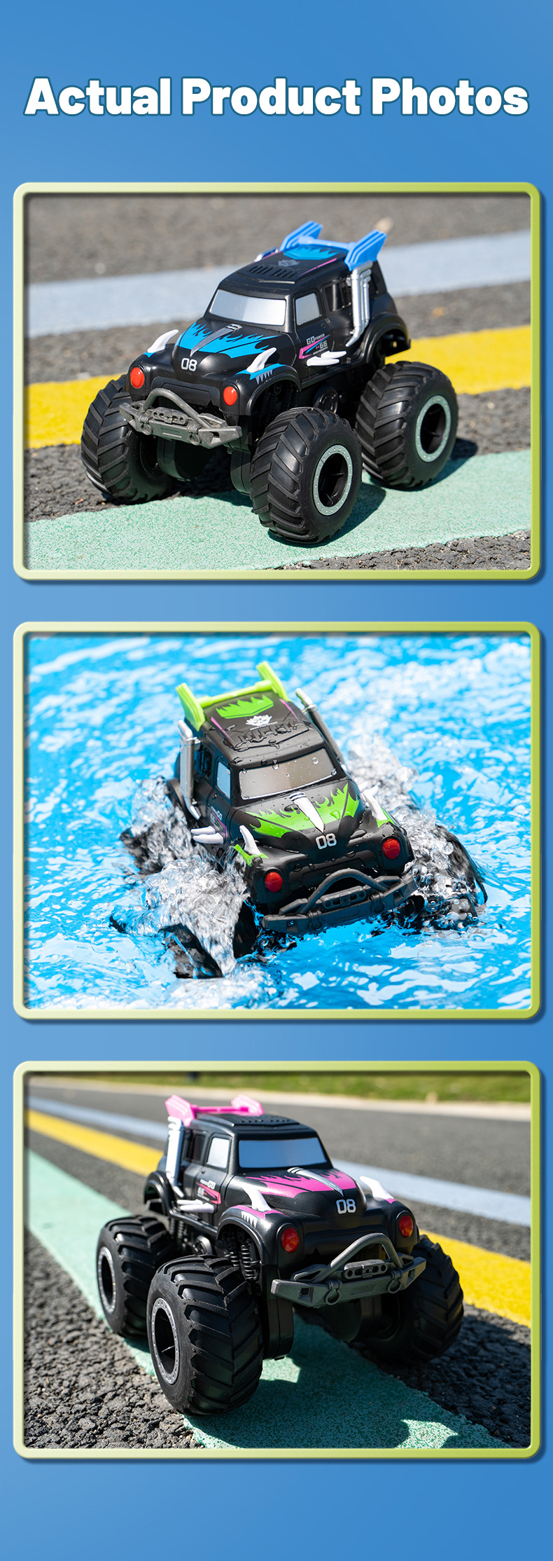 [Pink] Amphibious four-wheel drive big foot climbing remote control car two-sided driving children