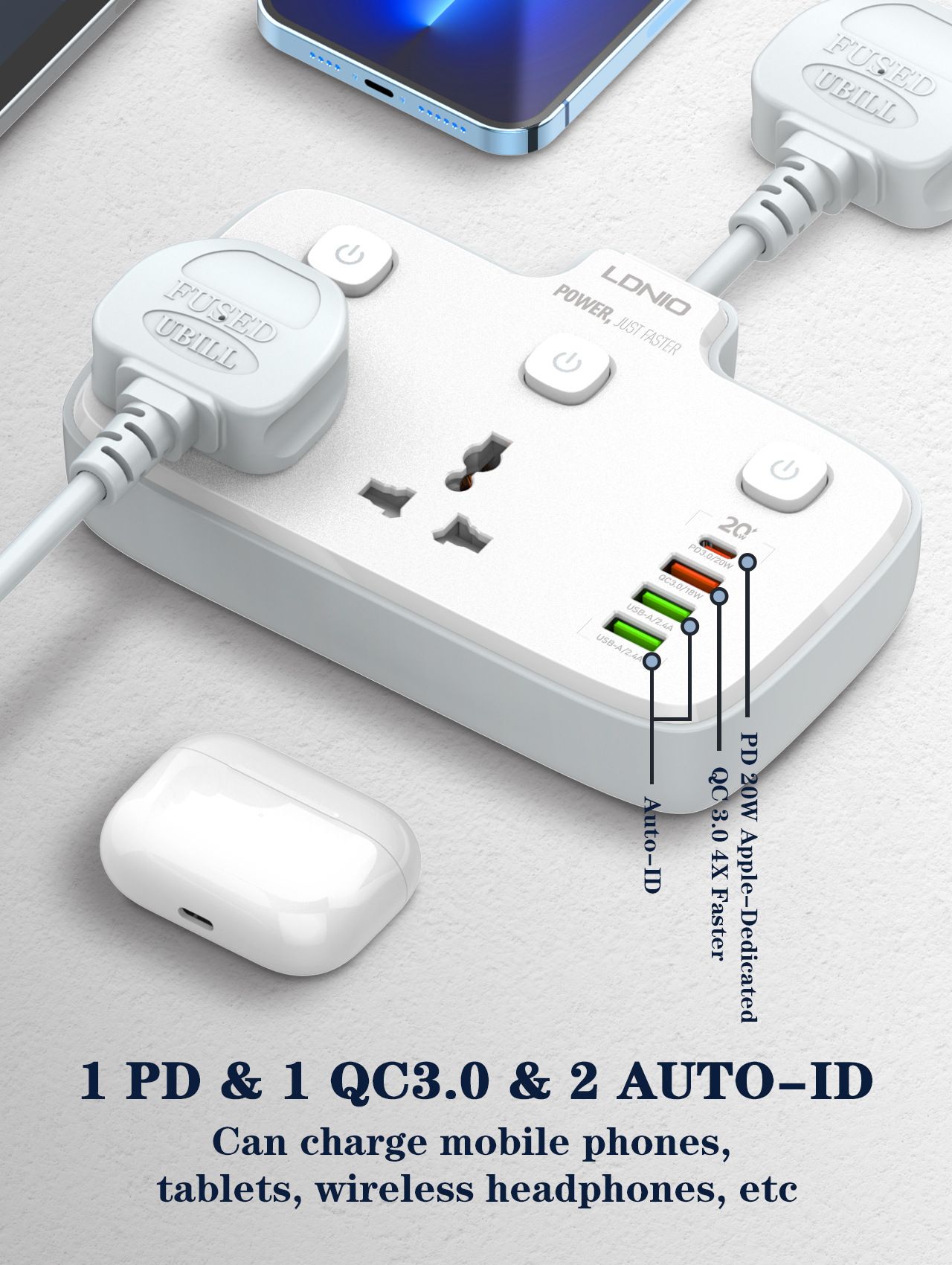 Multi-functional fast charging universal socket AC100-250 2500W 0.2m short cable board TYPE-C PD3.0/20W USB-A/PD3.0/18W USB-A/2.4A European regulations  SC2413