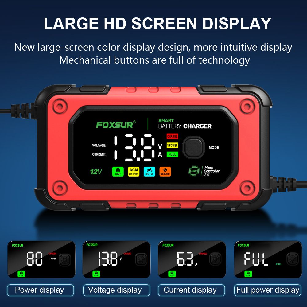 7A large screen color display 12V motorcycle and car charger AGM lead-acid lithium iron phosphate charger  FBC1207E