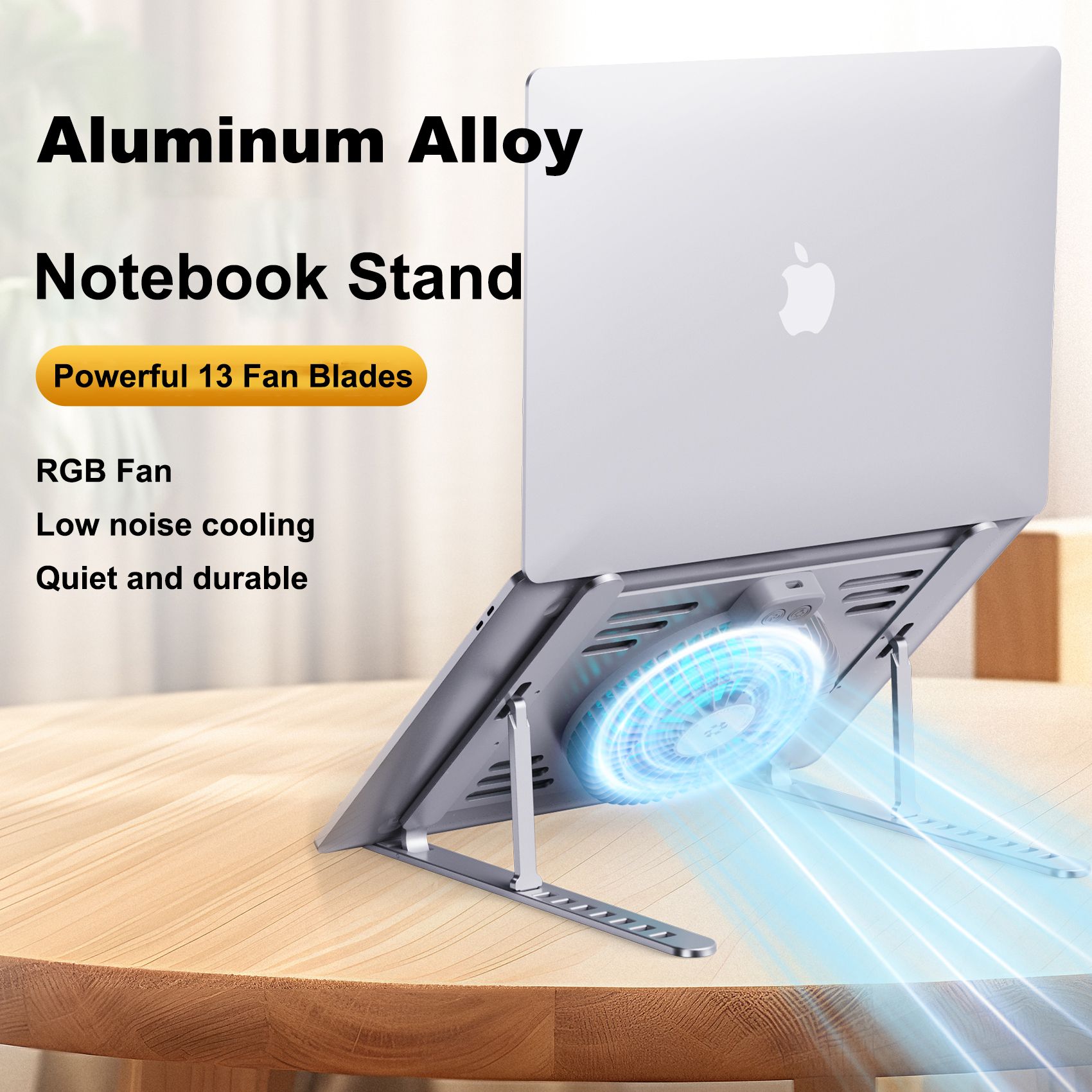 [Silvery] Large fan computer cooling bracket Portable folding aluminum alloy bracket laptop lifting bracket flat increase 8 height adjustment RGB running lamp wind speed adjustable  T655-A