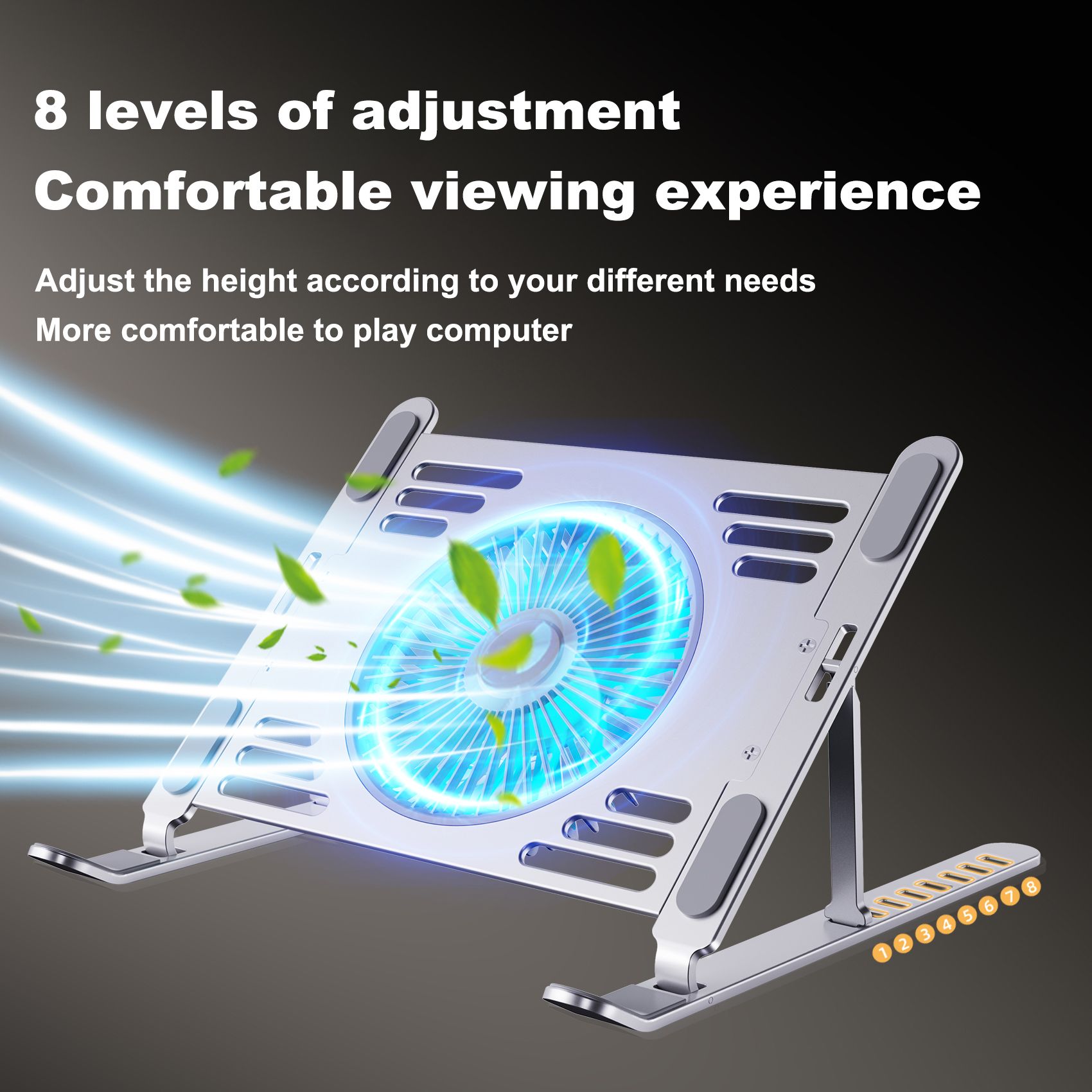 [Silvery] Large fan computer cooling bracket Portable folding aluminum alloy bracket laptop lifting bracket flat increase 8 height adjustment RGB running lamp wind speed adjustable  T655-A