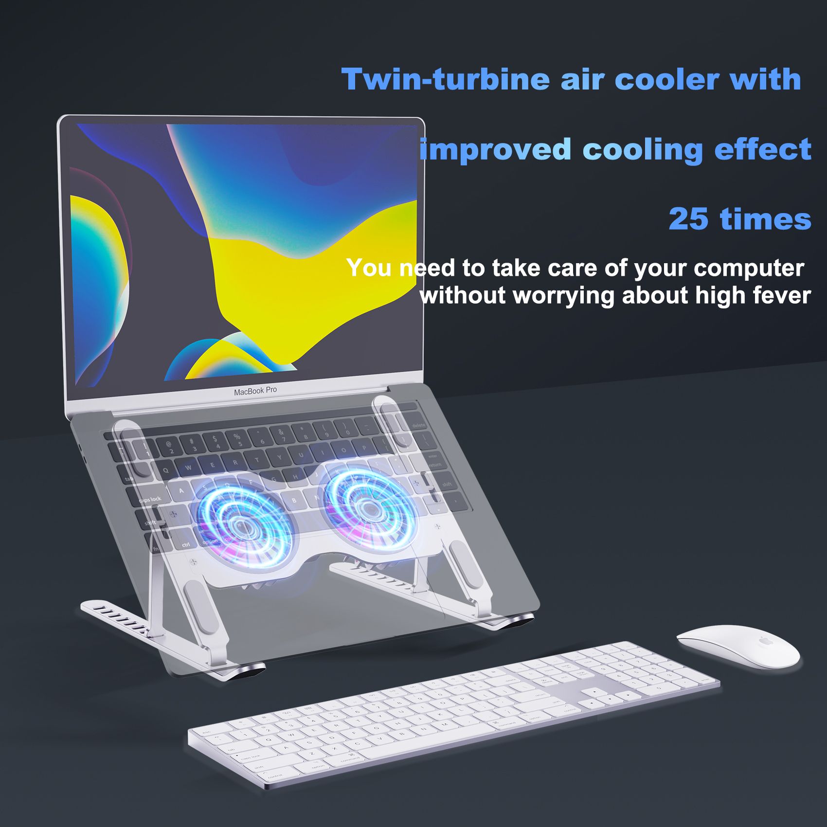 [Black] Portable folding aluminum alloy desktop stand dual fan heat dissipation RGB running lamp 8 speed height adjustment for laptop computer ipad tablet increase heat dissipation  T655-B