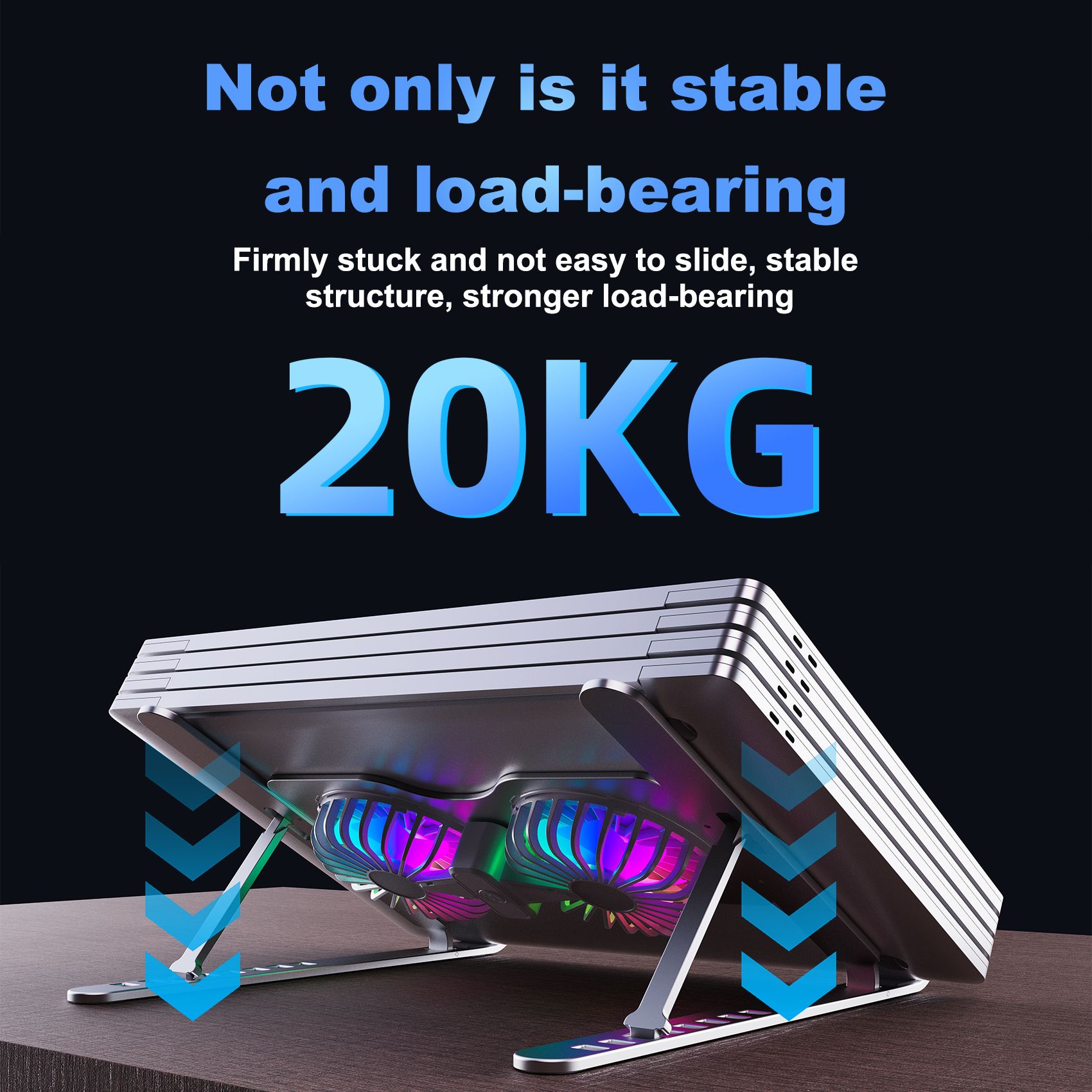 [Black] Portable folding aluminum alloy desktop stand dual fan heat dissipation RGB running lamp 8 speed height adjustment for laptop computer ipad tablet increase heat dissipation  T655-B