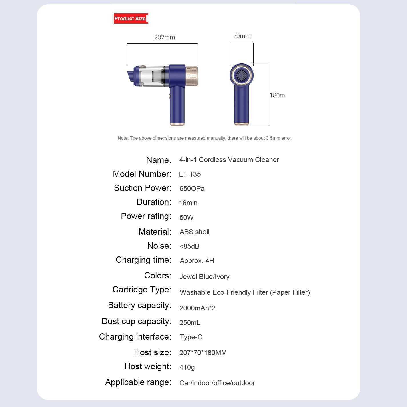 [Blue] Wireless desktop car vacuum cleaner blowing suction integrated handheld dust blowing suction Small mini charging vacuum cleaner 6500PA super suction LED lighting 4000mha large capacity battery  LT-135