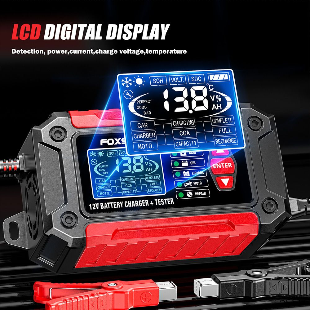 2-in-1 battery quality detector, battery analyzer, 12V car and motorcycle lead-acid lithium iron phosphate battery charger  FTC-1206