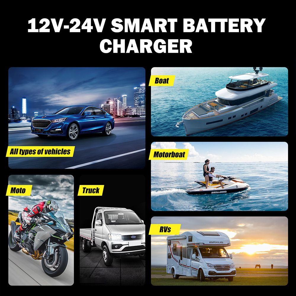 12V and 24V multi-functional intelligent charger, universal charger for motorcycles, cars and trucks, repair type charger  FBC122408D