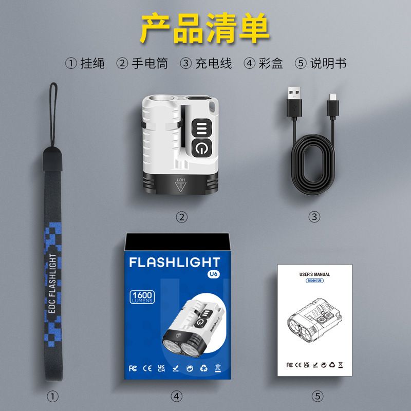 High light 1600LM flashlight Multi-functional strong light magnetic working light can be rotated holding flashlight type-c charging portable lanyside  U6
