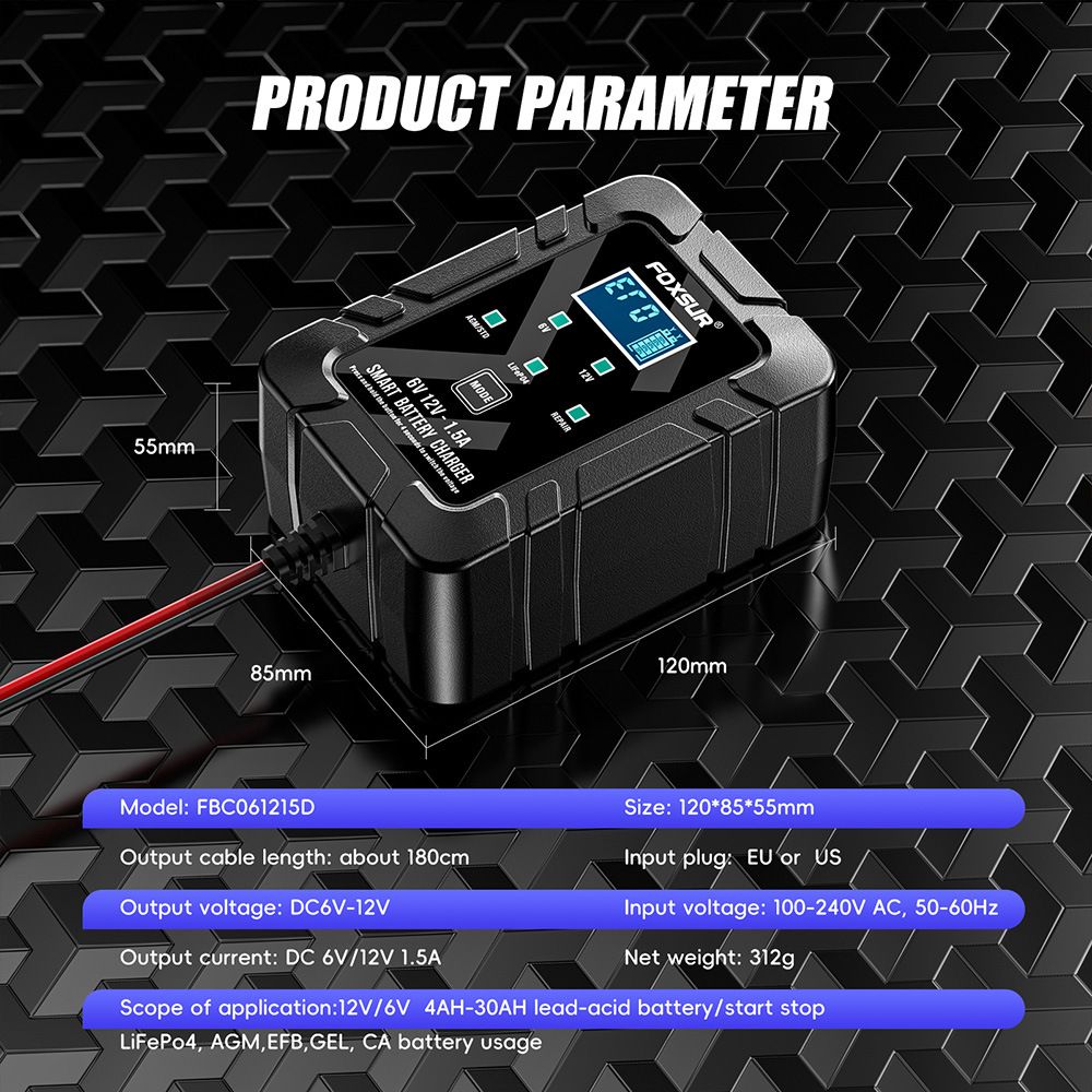 1.5A lawn mower motorcycle lead-acid battery charger 6V, 12V lithium iron phosphate fully automatic SAE plug charger  FBC061215D
