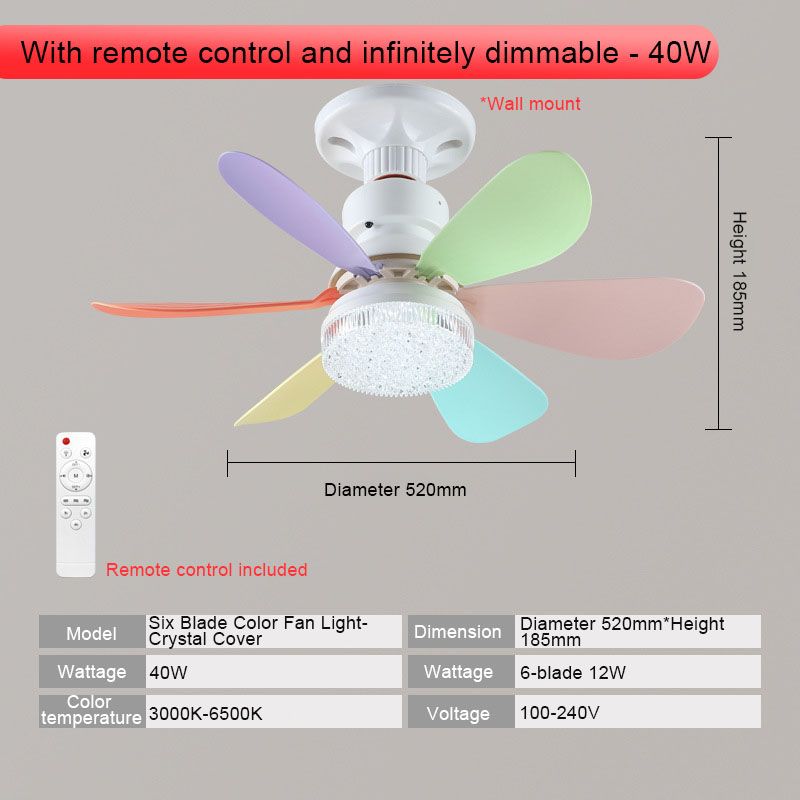 40W E27 screw fan lamp, bedroom and living room ceiling fan, strong wind silent ceiling fan lamp, smart timing, six-blade fan lamp, three wind speed Settings, stepless dimming + with remote control, 52CM colorful blades + crystal cover + lamp base  QA353