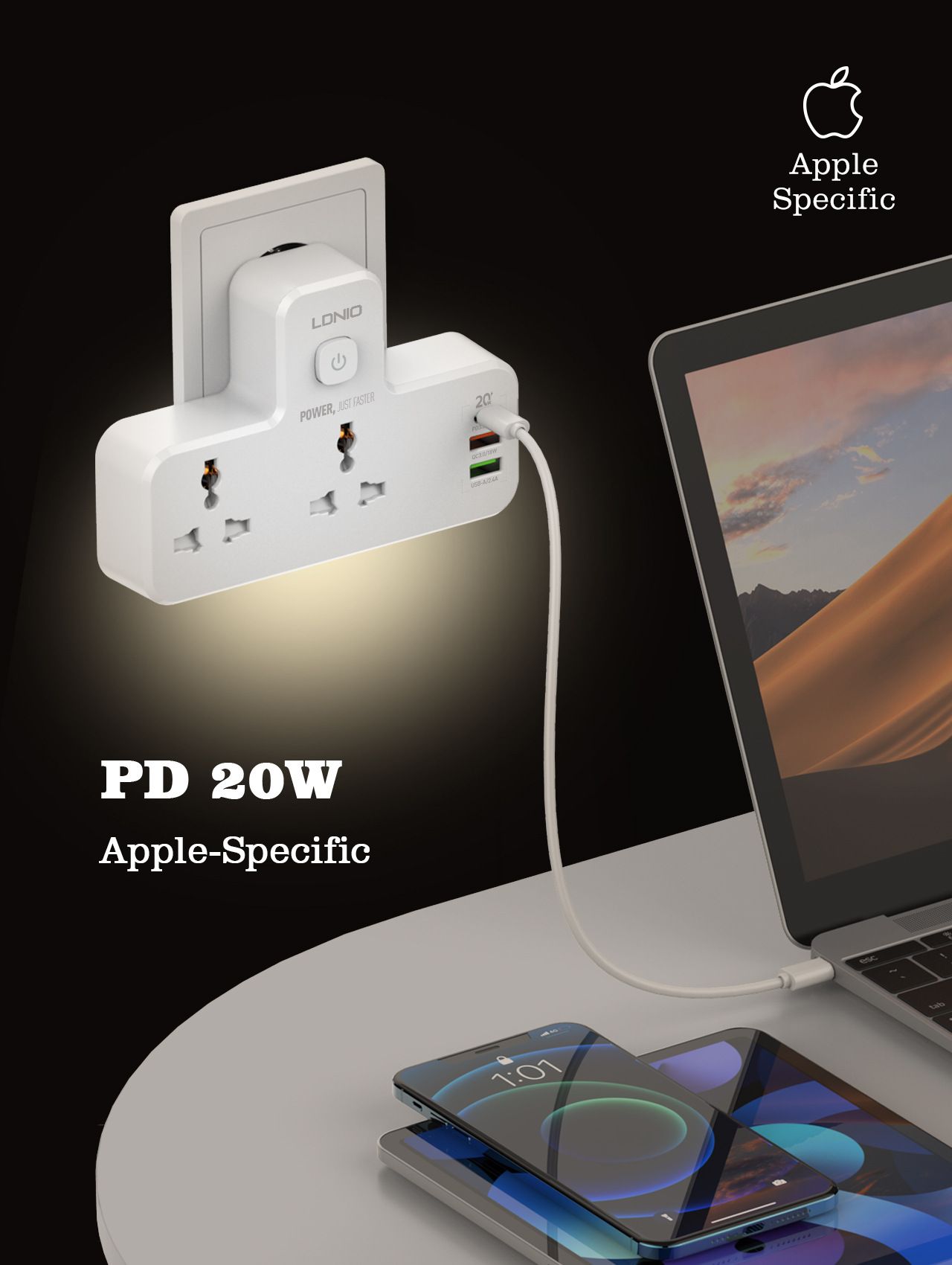 USB wireless strip power socket with light multi-function converter Mobile tablet fast charge LED night light 850° Safety and flame retardant 1*TYPE-C PD3.0/20W 1*USB-A/QC3.0/18W 1*USB-A/2.4A European standard  SC2311