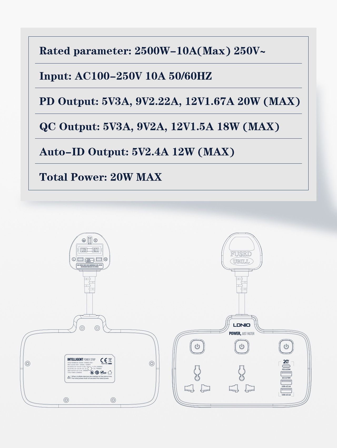 Multi-functional fast charging universal socket AC100-250 2500W 0.2m short cable board TYPE-C PD3.0/20W USB-A/PD3.0/18W USB-A/2.4A European regulations  SC2413