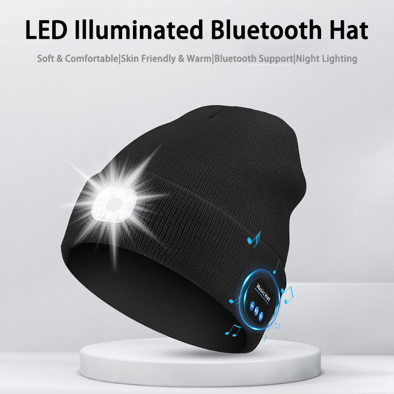 [White] Wireless Bluetooth music knitted hat Outdoor led lighting luminous hat Bluetooth 5.0 three-speed light USB charging removable and washable  M1-BL10