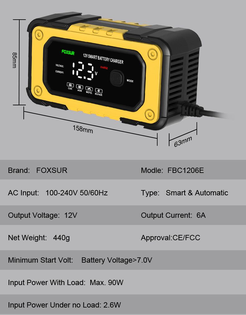 12V charger, motorcycle battery charger, car battery charger, automatic stop when fully charged, 6A  FBC1206E