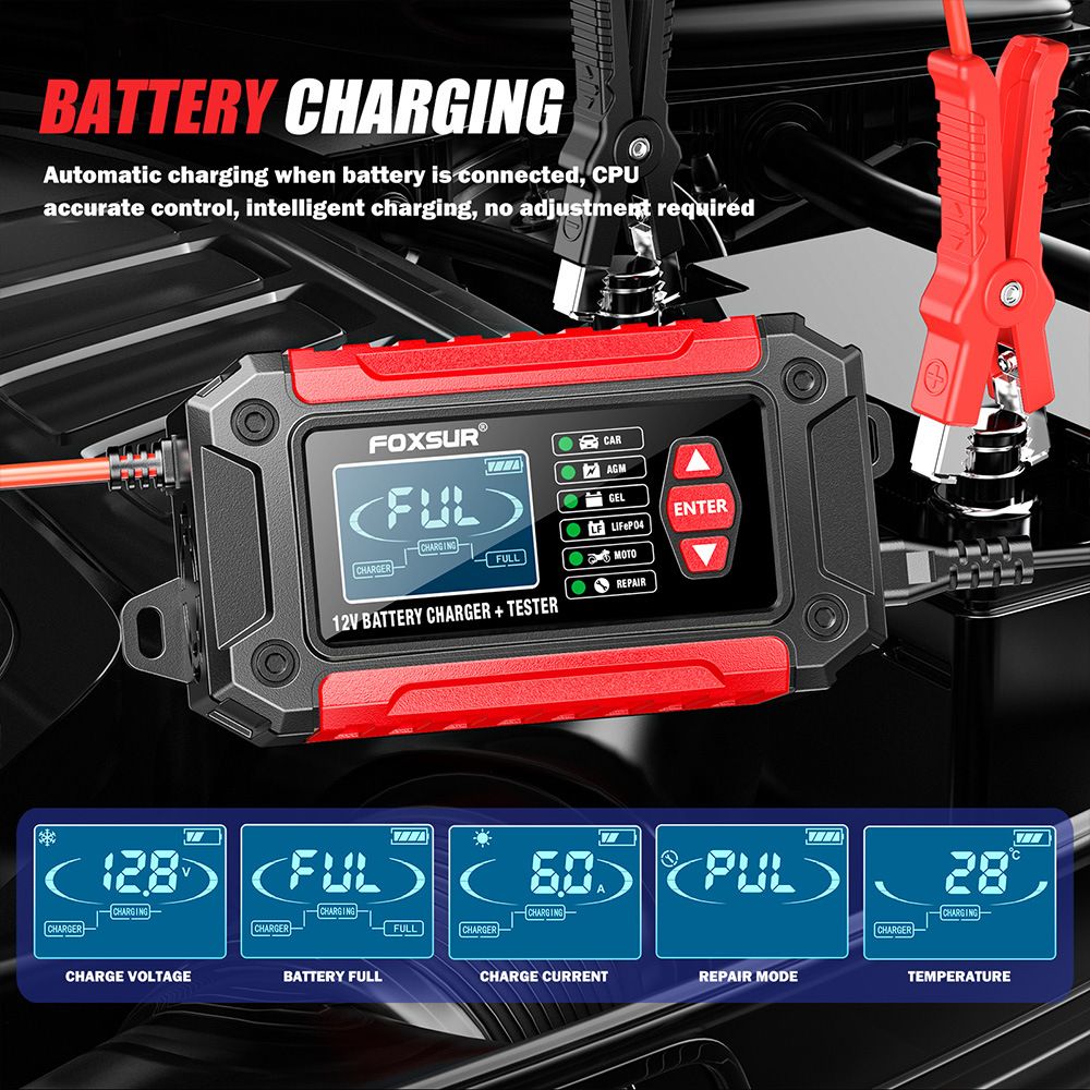 2-in-1 battery quality detector, battery analyzer, 12V car and motorcycle lead-acid lithium iron phosphate battery charger  FTC-1206