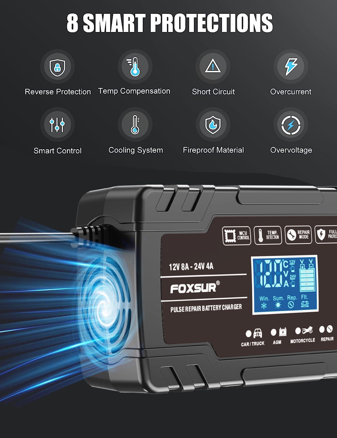 Black industrial style 12V 24V AGM charger, 8A motorcycle and car battery charger  FBC122408D
