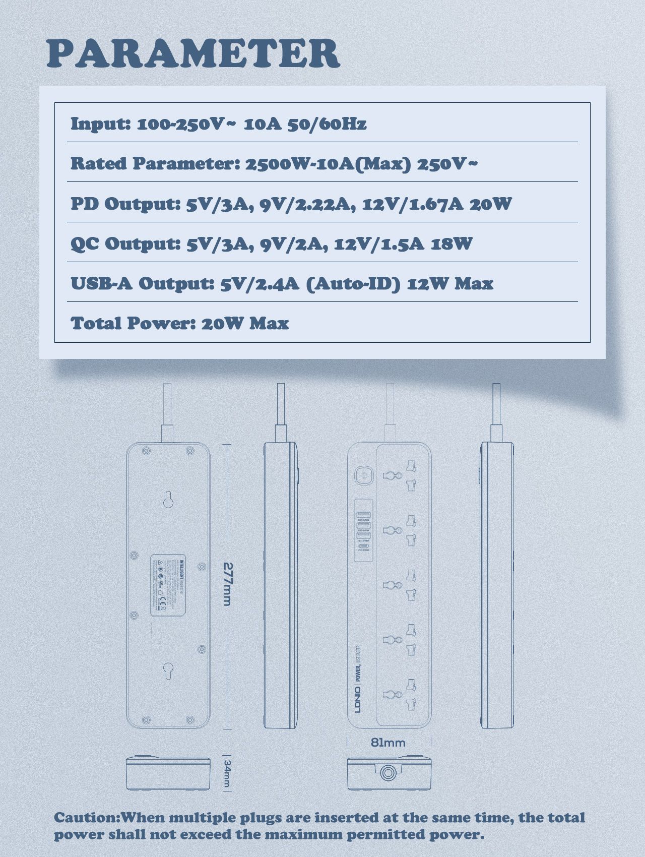 5-bit international universal jack 4* USB Fast charging strip Universal universal jack European Standard, American Standard, British Standard plug-in board Cable tray with 2 m long cable 1*TYPE-C PD3.0/20W 1*USB-A/PD3.0/18W 2*USB-A European standard  SC5415