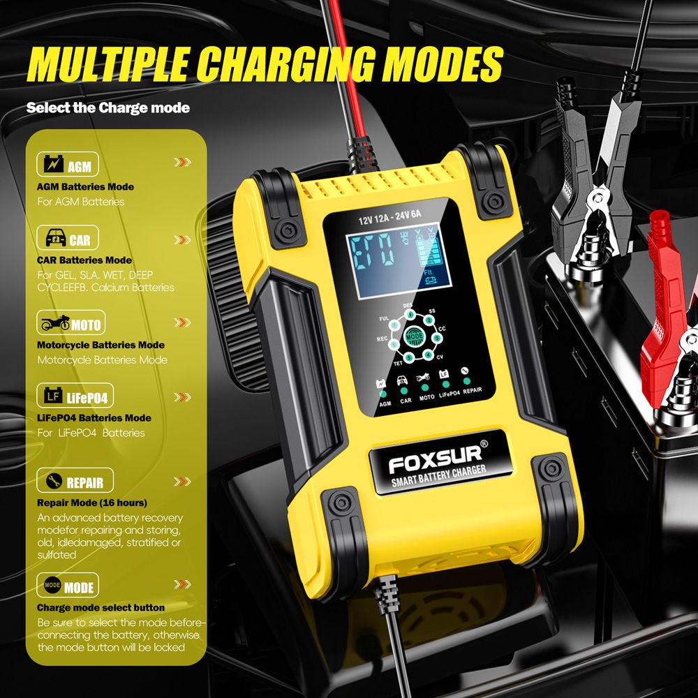 12V, 24V, 12A 7-segment intelligent charger, lead-acid battery charger, running light indicator charger  FBC122412D-Y