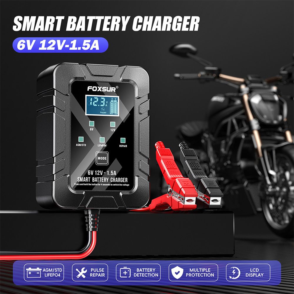 1.5A lawn mower motorcycle lead-acid battery charger 6V, 12V lithium iron phosphate fully automatic SAE plug charger  FBC061215D