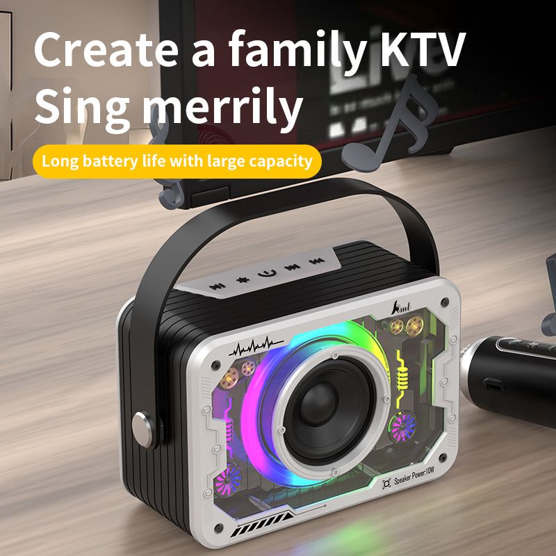 [Silvery] Mecha Bluetooth speaker home wireless K song sound microphone outdoor singing small family KTV set  V9