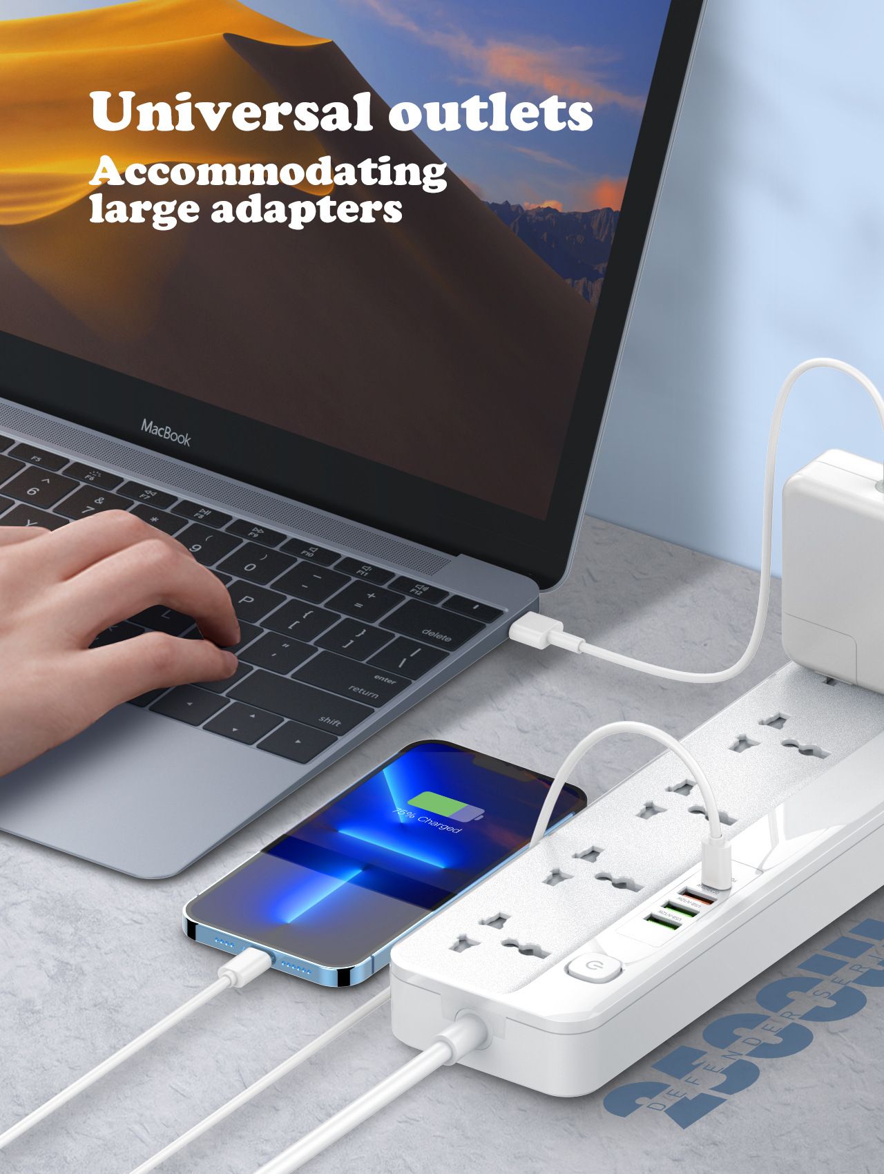 5-bit international universal jack 4* USB Fast charging strip Universal universal jack European Standard, American Standard, British Standard plug-in board Cable tray with 2 m long cable 1*TYPE-C PD3.0/20W 1*USB-A/PD3.0/18W 2*USB-A European standard  SC5415