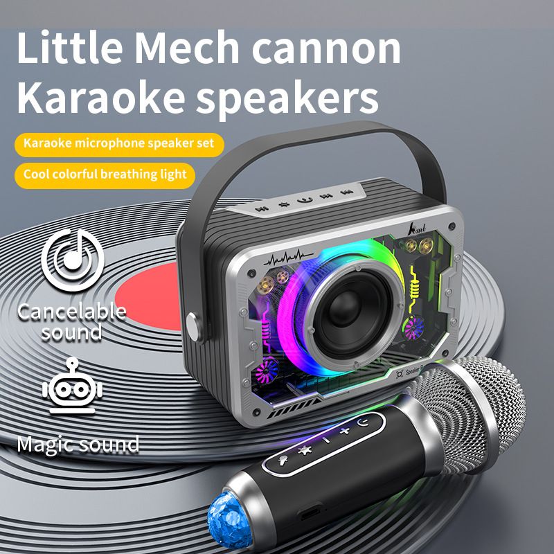 [Silvery] Mecha Bluetooth speaker home wireless K song sound microphone outdoor singing small family KTV set  V9