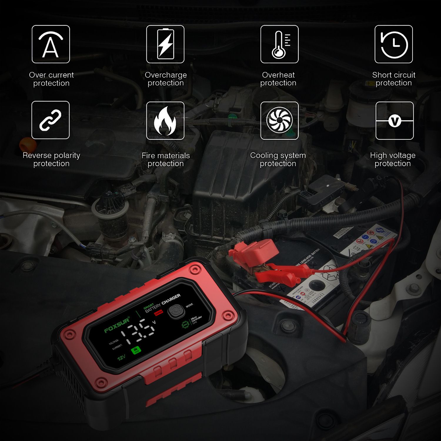 7A large screen color display 12V motorcycle and car charger AGM lead-acid lithium iron phosphate charger  FBC1207E
