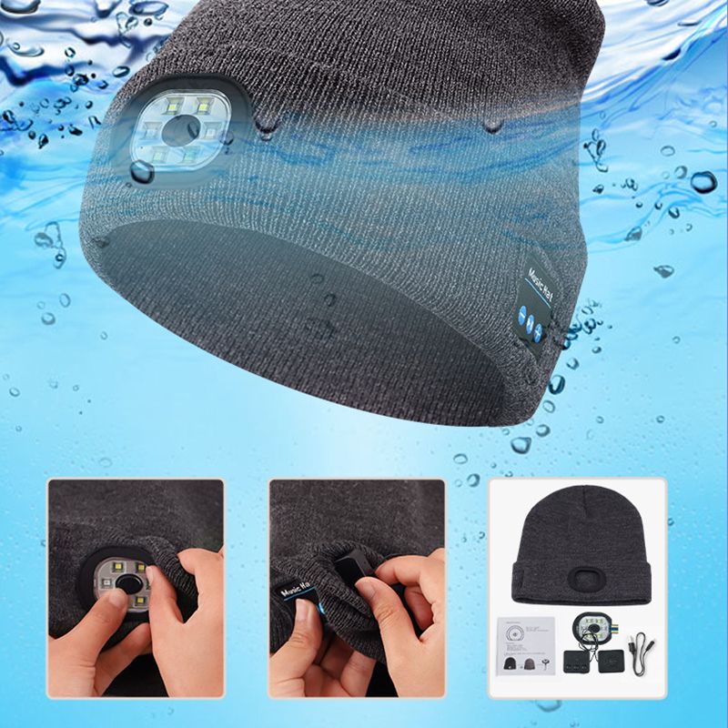 [Blue] Wireless Bluetooth music knitted hat Outdoor led lighting luminous hat Bluetooth 5.0 three-speed light USB charging removable and washable  M1-BL10