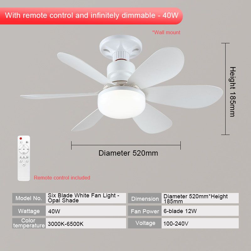 40W E27 screw-type fan light, bedroom and living room ceiling fan, large wind silent ceiling fan light, smart timing, six-blade fan light, three wind speed Settings, stepless dimming + with remote control, 52CM white blades + milky white cover + with lamp base  QA353