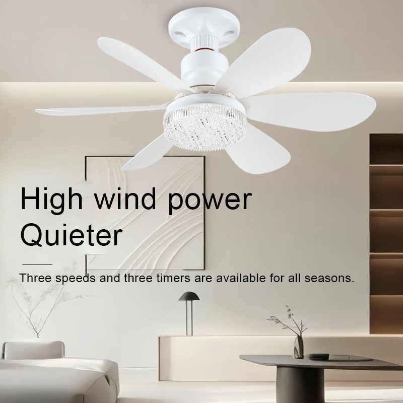 40W E27 screw-type fan lamp, bedroom and living room ceiling fan, large wind silent ceiling fan lamp, smart timing, six-blade fan lamp, three wind speed Settings, stepless dimming + with remote control, 52CM white blades + crystal cover + lamp base  QA353