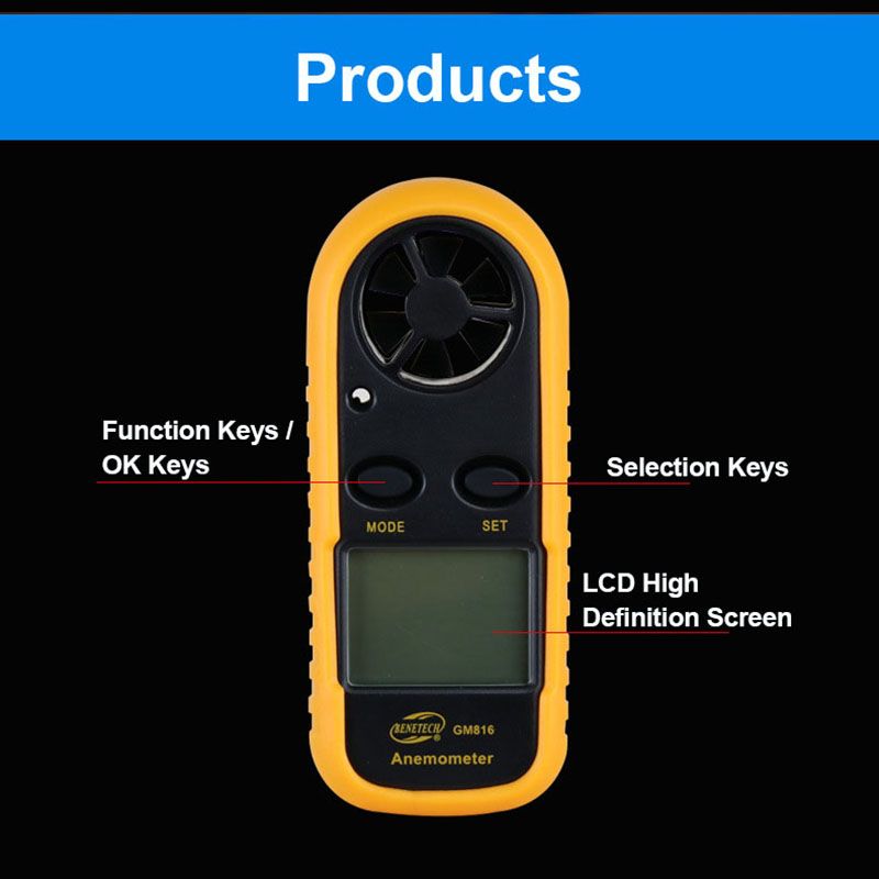 The mini anemometer GM816 is a portable digital wind speed and temperature instrument that simultaneously measures wind speed and temperature. It offers five wind speed options, including freeze indication and low battery indication  GM816