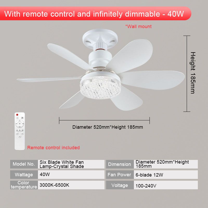 40W E27 screw-type fan lamp, bedroom and living room ceiling fan, large wind silent ceiling fan lamp, smart timing, six-blade fan lamp, three wind speed Settings, stepless dimming + with remote control, 52CM white blades + crystal cover + lamp base  QA353
