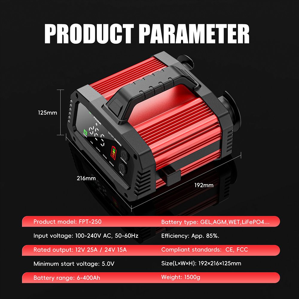 25A high-power portable 12V and 24V lithium iron lead-acid chargers for cars, ships and motorcycles  FPT-250